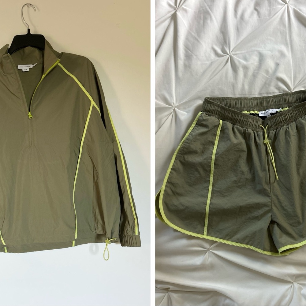 Good American Olive Green and Neon Yellow Active Set - Jacket & Shorts
